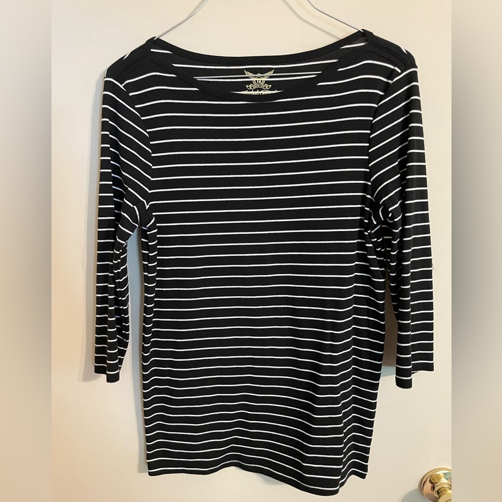 Faded Glory Black & White Strip Boatneck 3/4 Sleeve Top